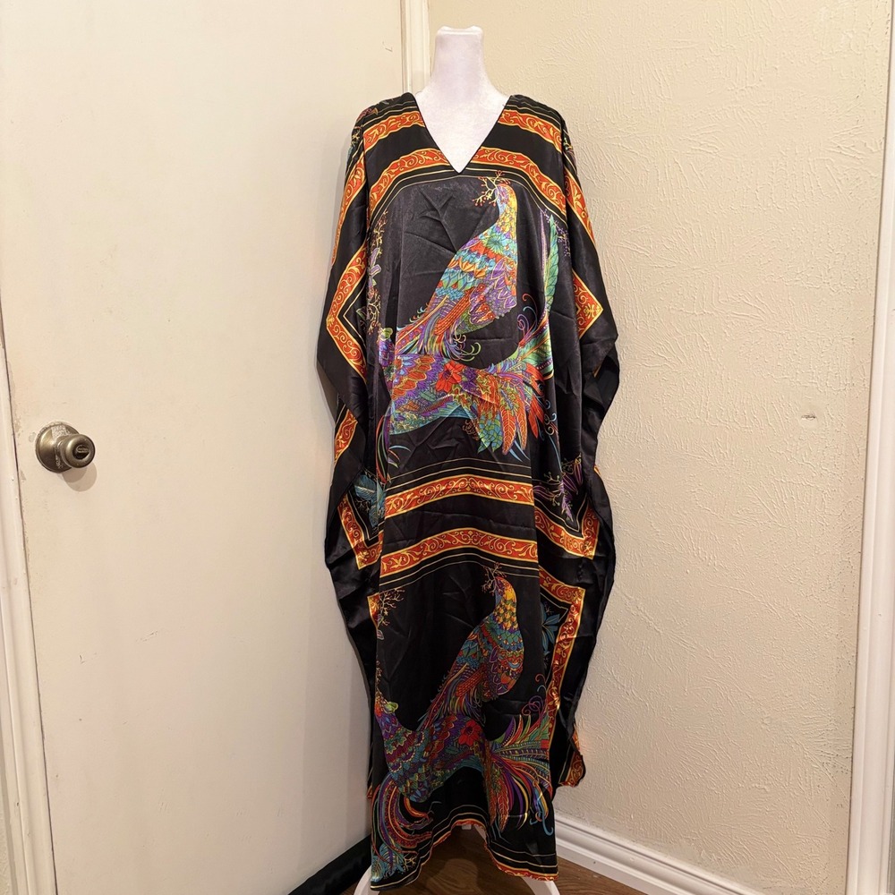 NWT Ashro Black Rainbow Peacock Print Satin Kaftan Maxi Dress Retro Boho Fairy